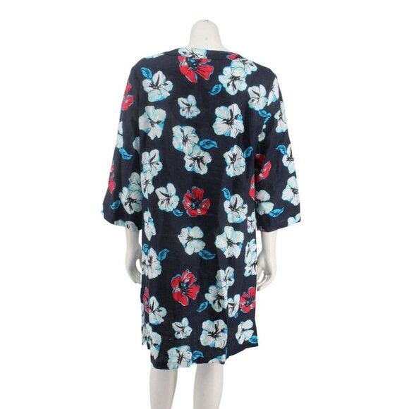 Talbots Blue Hibiscus Floral Beaded V-Neck Caftan Tunic Linen Dress Size L - Picture 5 of 7